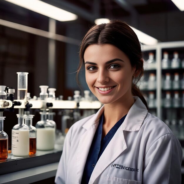 Женщина-химик в химической лаборатории улыбается