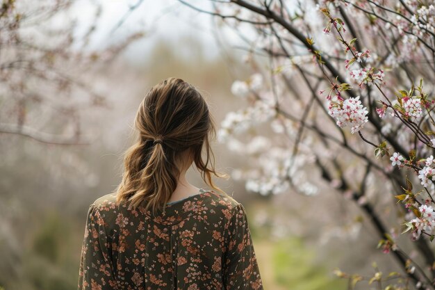 Foto la donna nel giardino di ciliegio