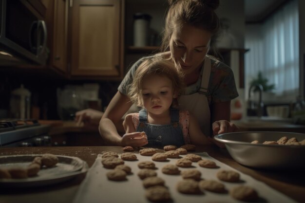 A woman and a child are baking cookies in a kitchen.