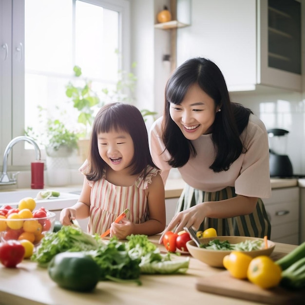 a woman and a child are cutting vegetables in a kitchen