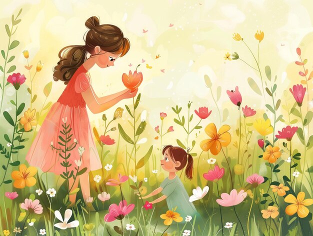 A woman and a child are in a field of flowers