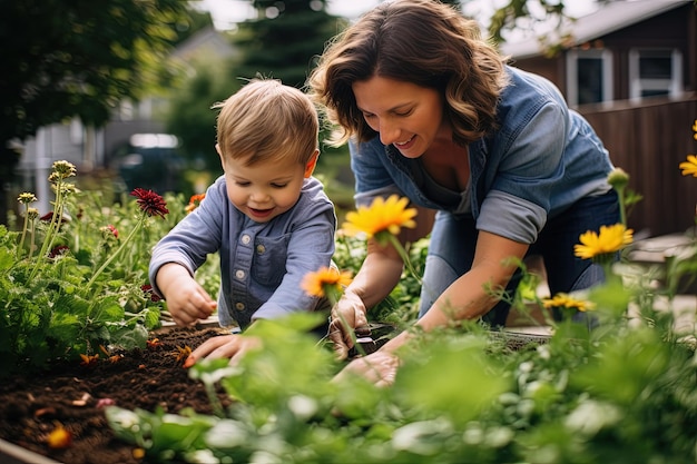 Photo a woman and a child are in a garden