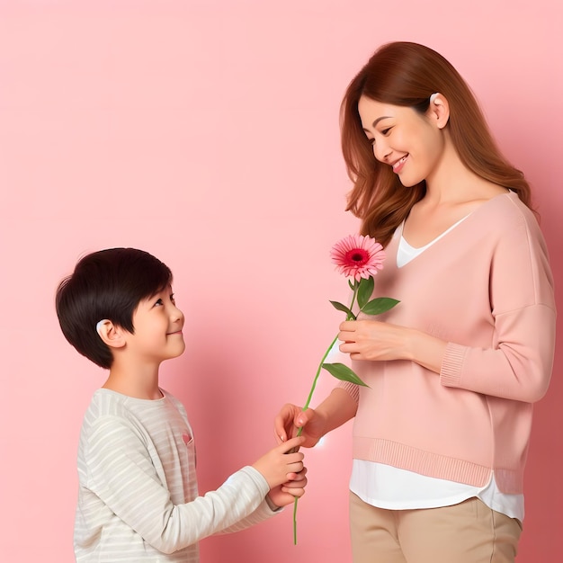 a woman and a child are holding a flower