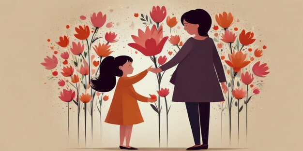 a woman and a child are holding hands with a woman holding flowers