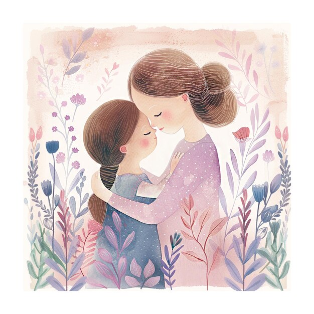 a woman and a child are hugging each other in a field of flowers