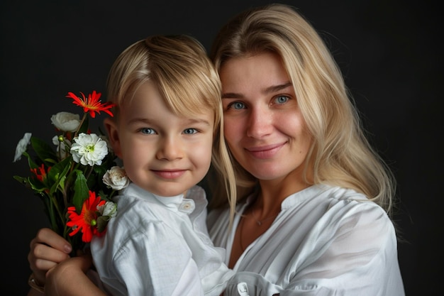 a woman and a child are hugging each other and the picture is black