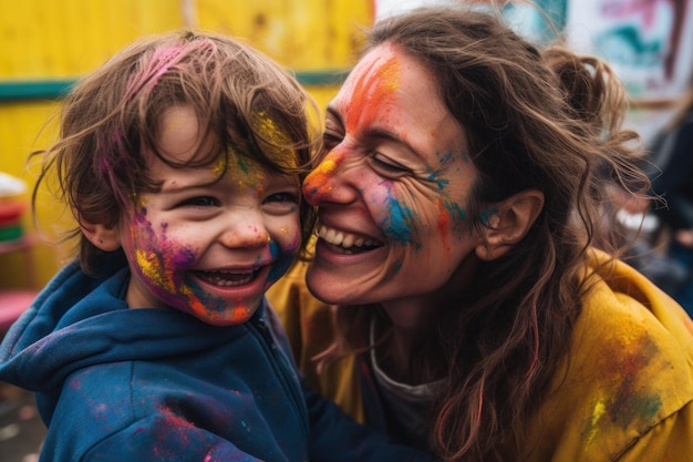 A woman and a child are hugging and laughing.