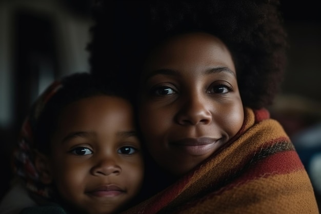 A woman and a child are hugging and smiling.