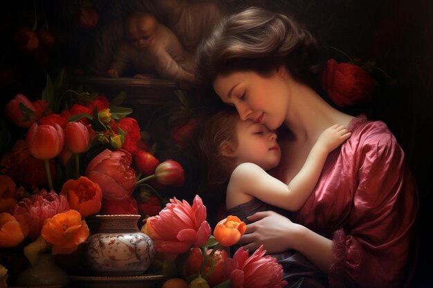 Photo a woman and a child are kissing each other with flowers and a vase with the words  mother  on it