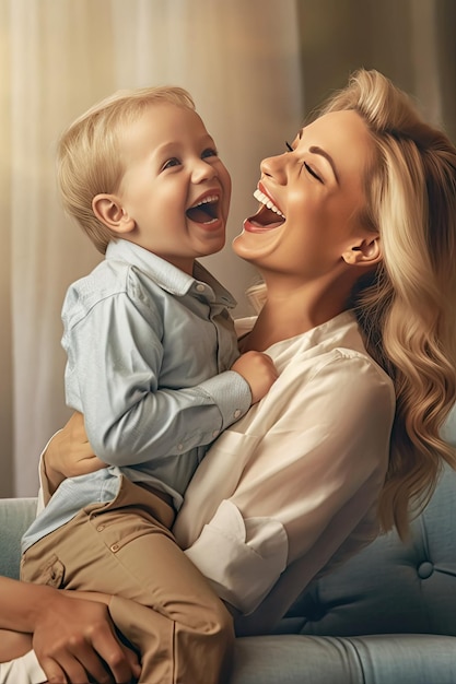 A woman and a child are laughing and laughing