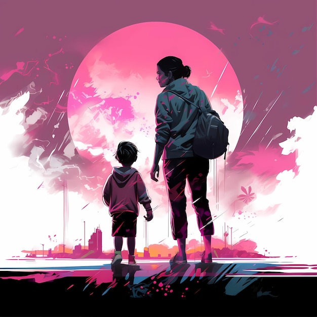 A woman and a child are looking at a purple moon.