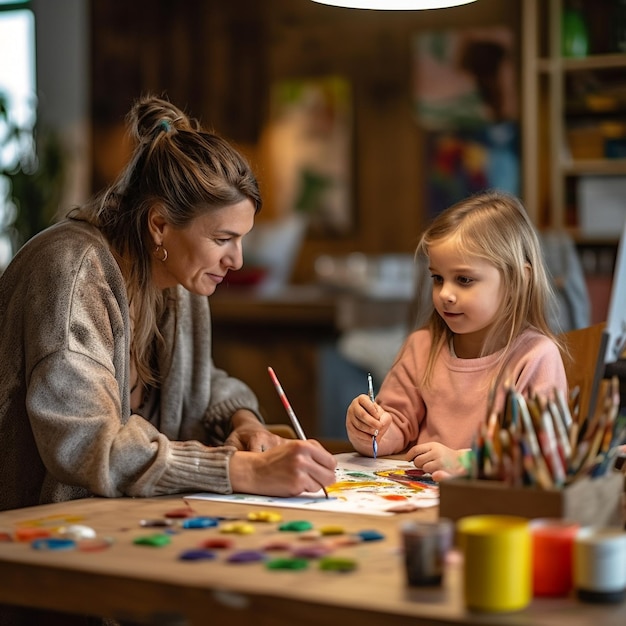 a woman and a child are painting on a table