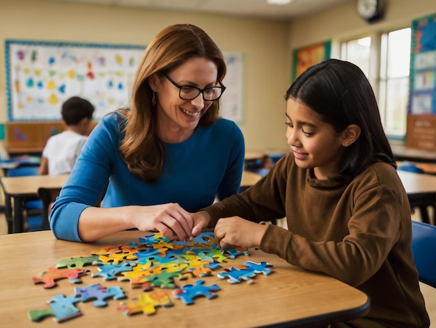 a woman and a child are playing puzzle together with a teacher