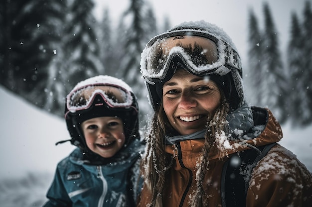 A woman and a child are posing for a photo in the snow.