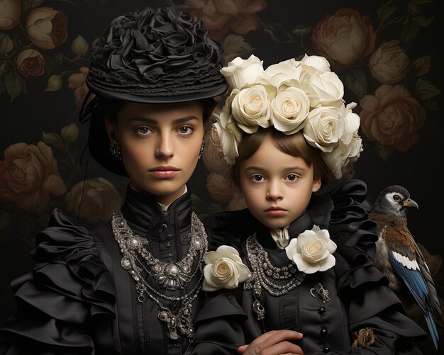 a woman and a child are posing for a photo with a hat that says  the girl is wearing a hat