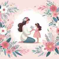 Photo a woman and a child are sitting on a pink background with flowers and a little girl