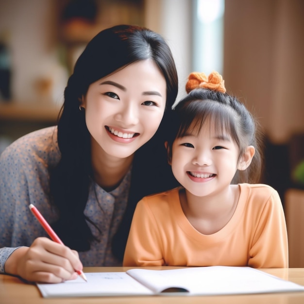 A woman and a child are sitting at a table with a book and a pen