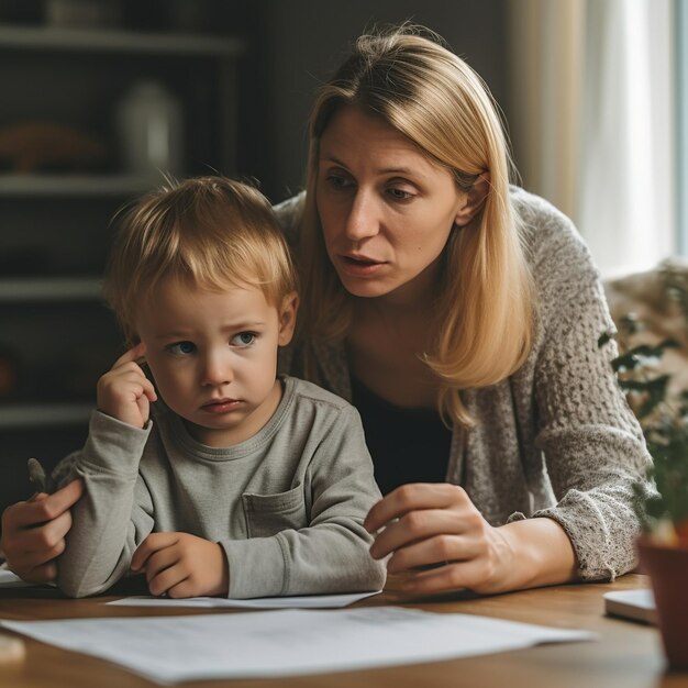 a woman and a child are sitting at a table with a pen and paper