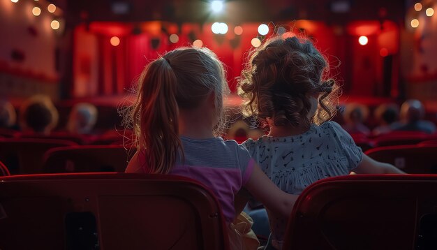 한 여자 와 한 아이 가 극장 에 앉아 있다