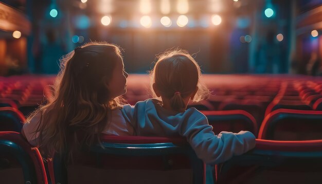 A woman and a child are sitting in a theater