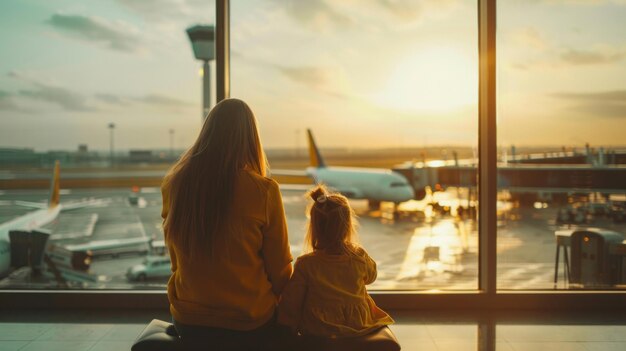 한 여자 와 한 아이 가 공항 의 창문 에 앉아 있다