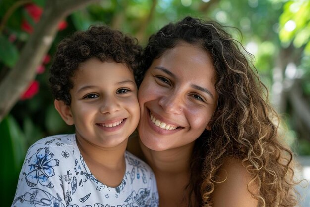 a woman and a child are smiling for the camera