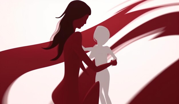 A woman and a child are standing in front of a red background