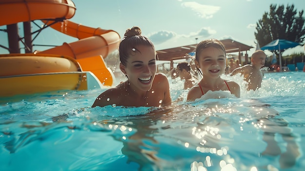 Photo a woman and a child are swimming in a pool