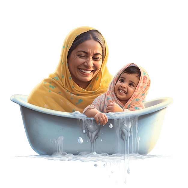 A woman and a child are taking a bath.