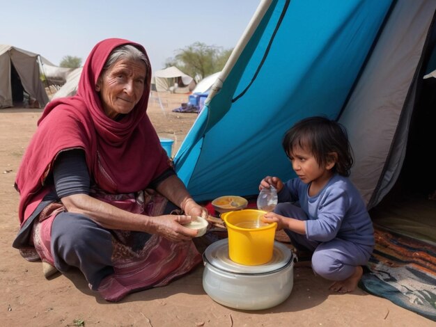 a woman and a child are in a tent with food