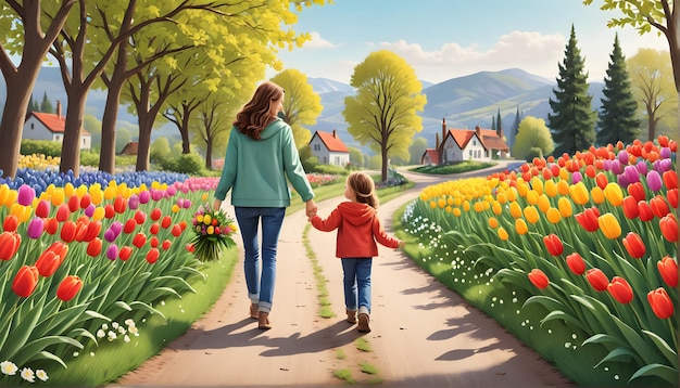 a woman and a child are walking down a path with tulips