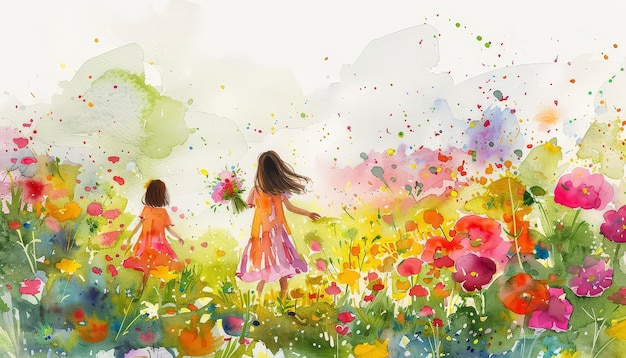 A woman and a child are walking through a field of flowers