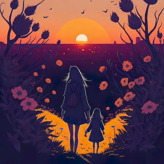 A woman and a child are walking through a field of flowers