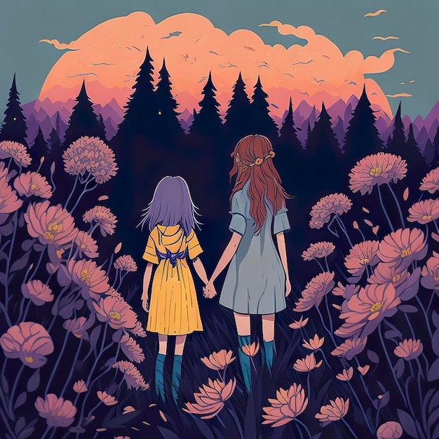 A woman and a child are walking through a field of flowers