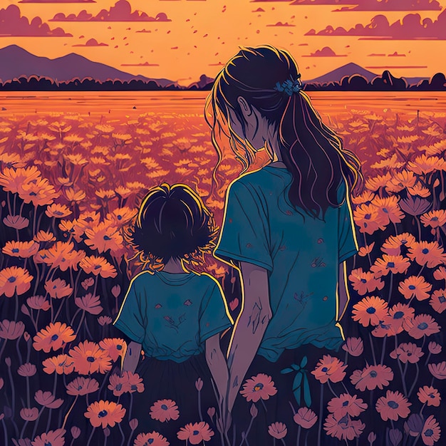 A woman and a child are walking through a field of flowers