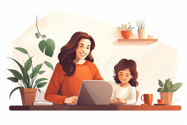 a woman and a child are working on a laptop