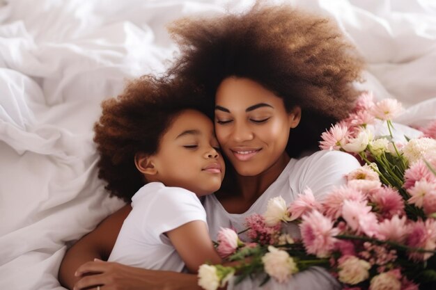 Woman and Child in Bed with Flowers