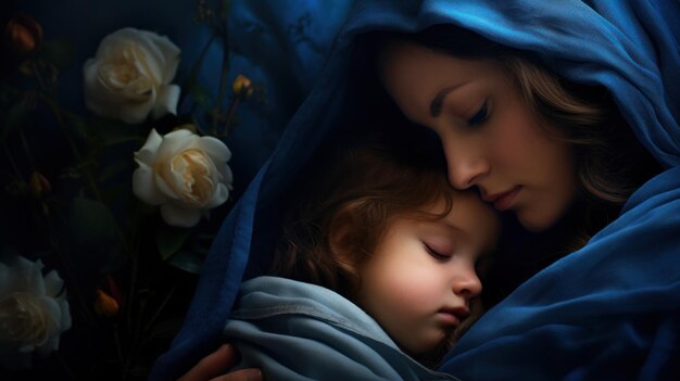 Foto una donna e un bambino in una coperta blu con rose ai