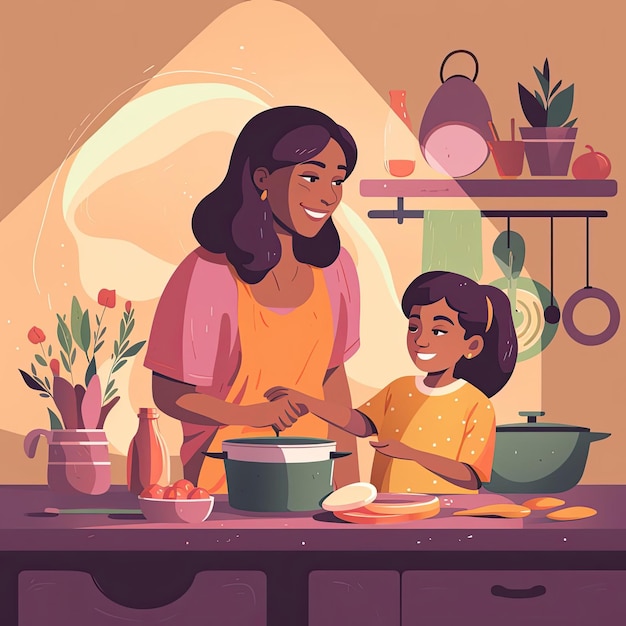 a woman and child cook in kitchen in the style of light magenta and dark amber