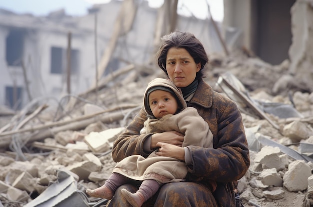 Woman and child devastated by military missile attack