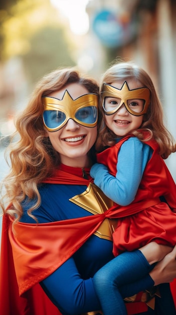 Photo a woman and a child dressed up as superheros