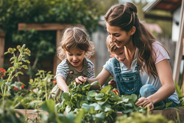 美しい庭園で庭の作業をしている女性と子供庭の作業の方法を子供に教える母親 AI Generated