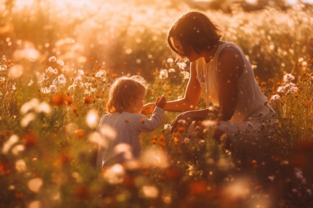 Photo a woman and a child in a field of flowers generative ai image