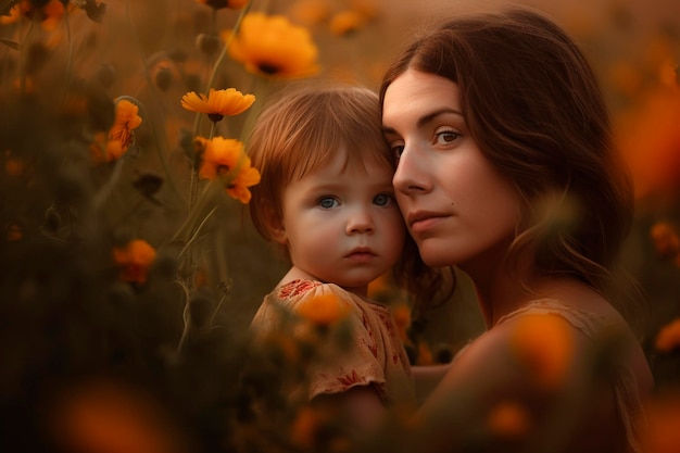 A woman and a child in a field of flowers