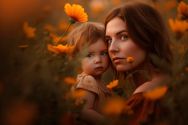 A woman and a child in a field of flowers