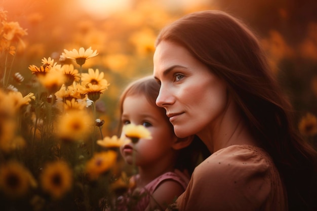 A woman and a child in a field of flowers