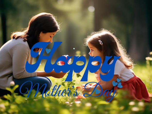 Photo a woman and a child in a garden with blue text written happy mothers day