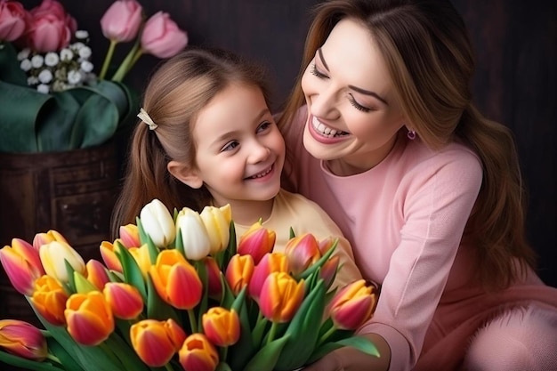 チューリップの花束を握っている女性と子供