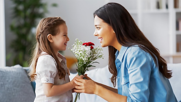 женщина и ребенок с цветами улыбаются один из них держит букет цветов