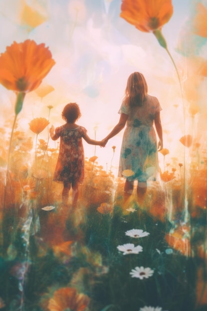 Женщина и ребенок держатся за руки в поле цветов Генерирующее изображение AI